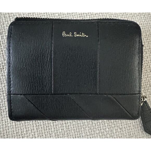Paul Smith Fold Wallet Zipper Mini Leather Genuine Black - Picture 1 of 13